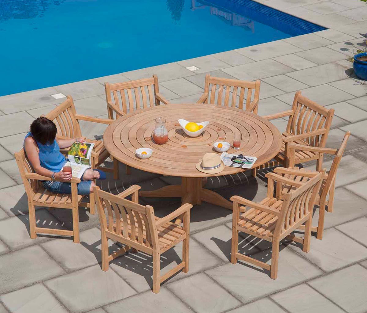Alexander Rose 8 Seat Roble Bengal Round Dining Set - Broadfield Armchairs