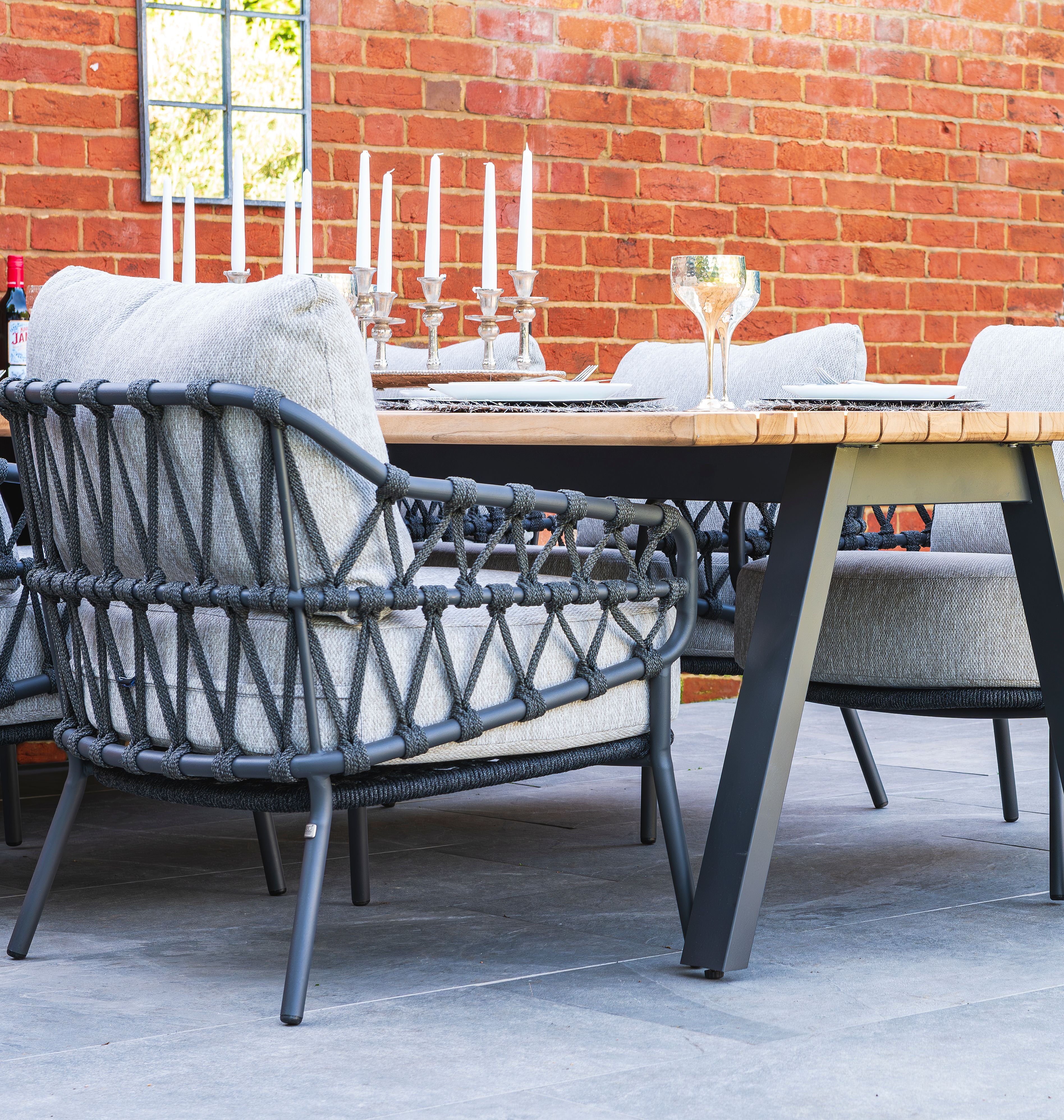 4 Seasons Outdoor Calpi Six Seater Low Dining Set with Ambassador 280cm Rectangular Dining Table - Rope Design
