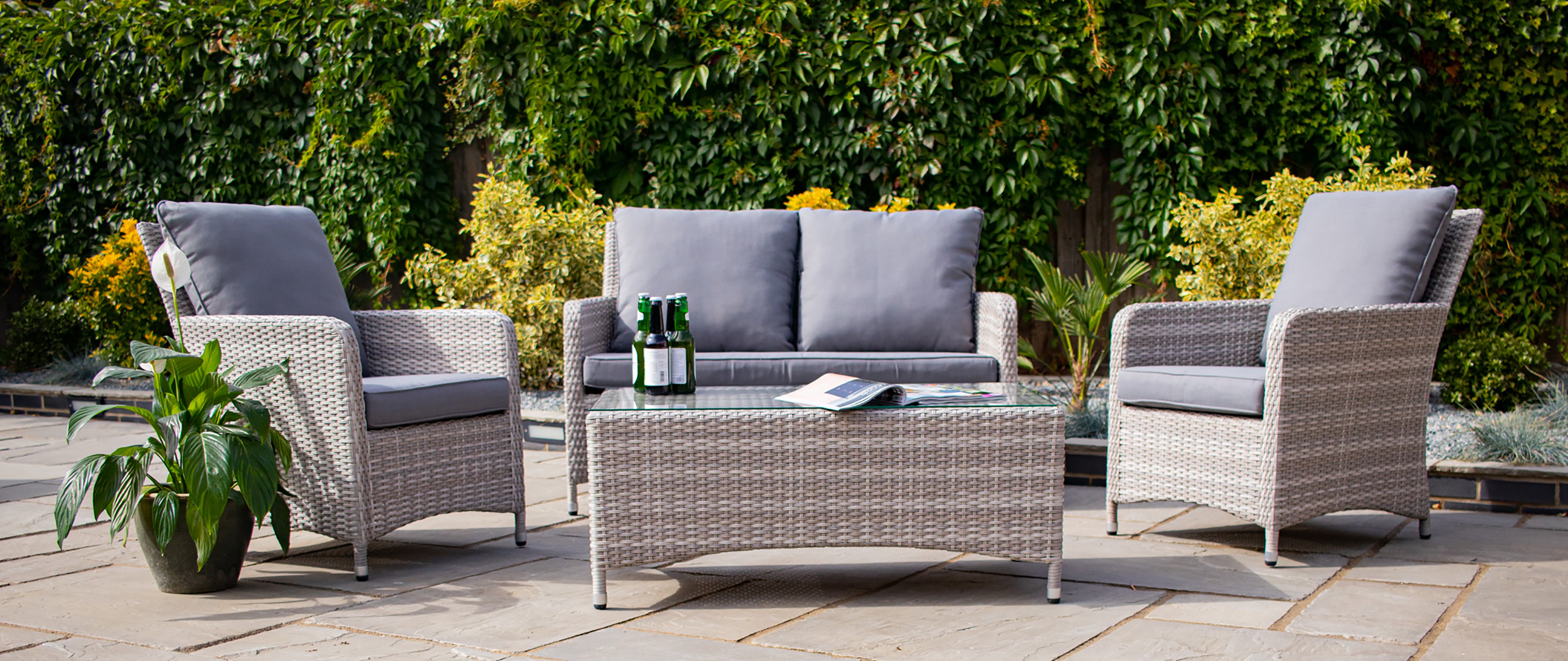 Norfolk Leisure Weybourne Garden Sofa & Armchair Lounge Set With Rectangular Coffee Table - Grey - 4 Seater - Weave