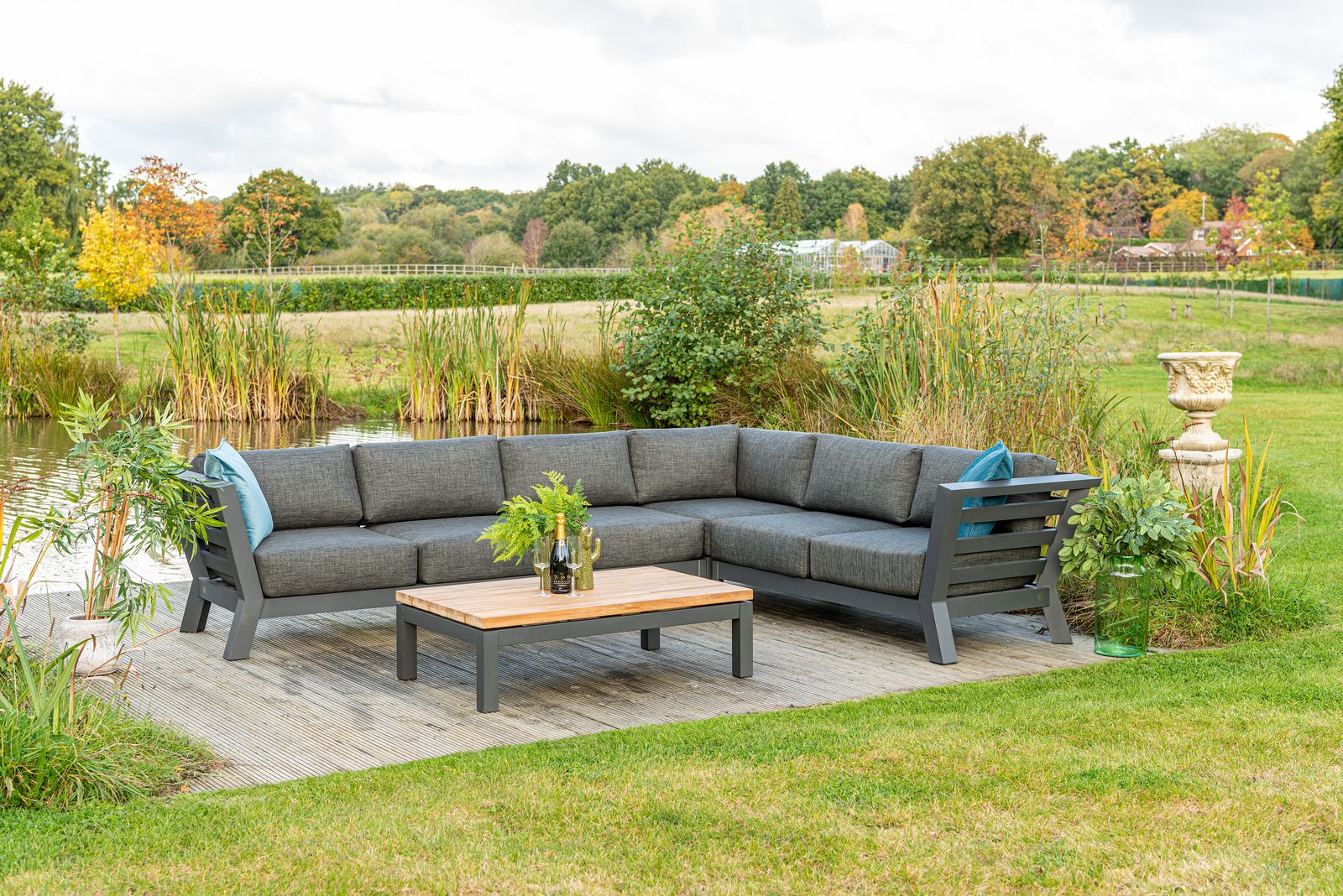 4 Seasons Outdoor Meteoro Large Garden Corner Sofa Set with 90cm Coffee Table and Arm Cushions