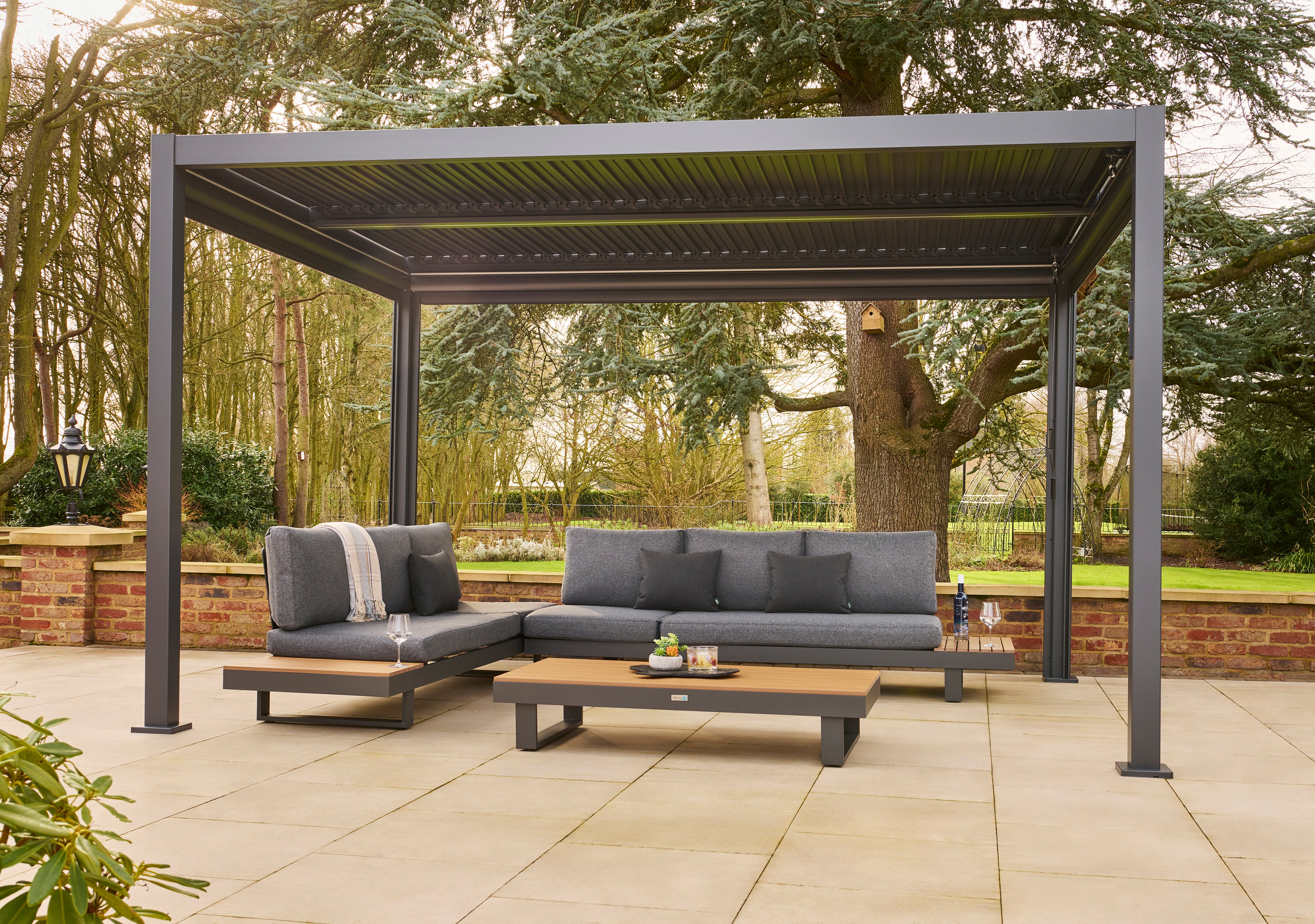 Nexus 3x3m or 4x3m Grey Pergola with Solar LED Lights & 3 Pull Down Screens