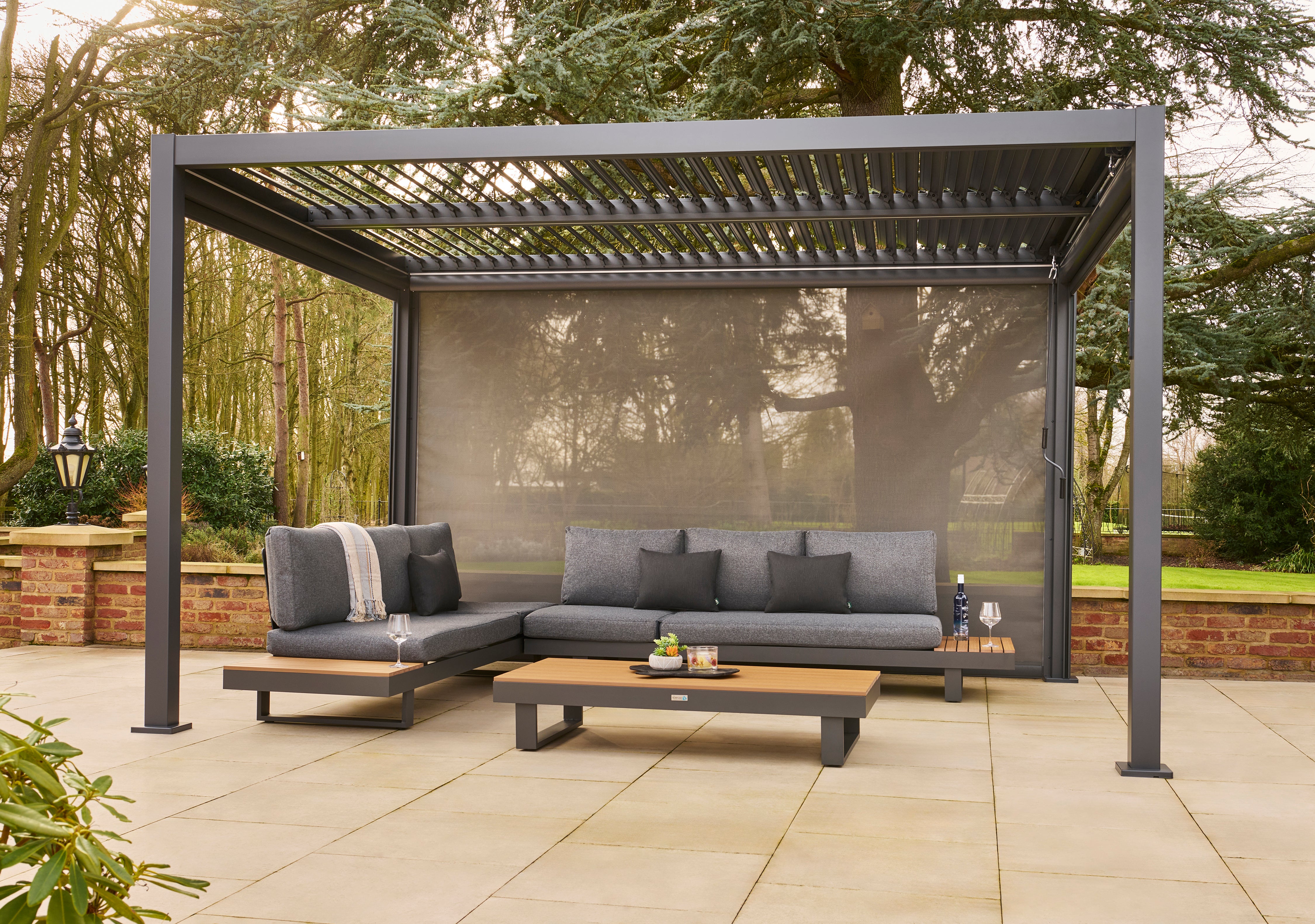 Nexus 3x3m or 4x3m Grey Pergola with Solar LED Lights & 3 Pull Down Screens