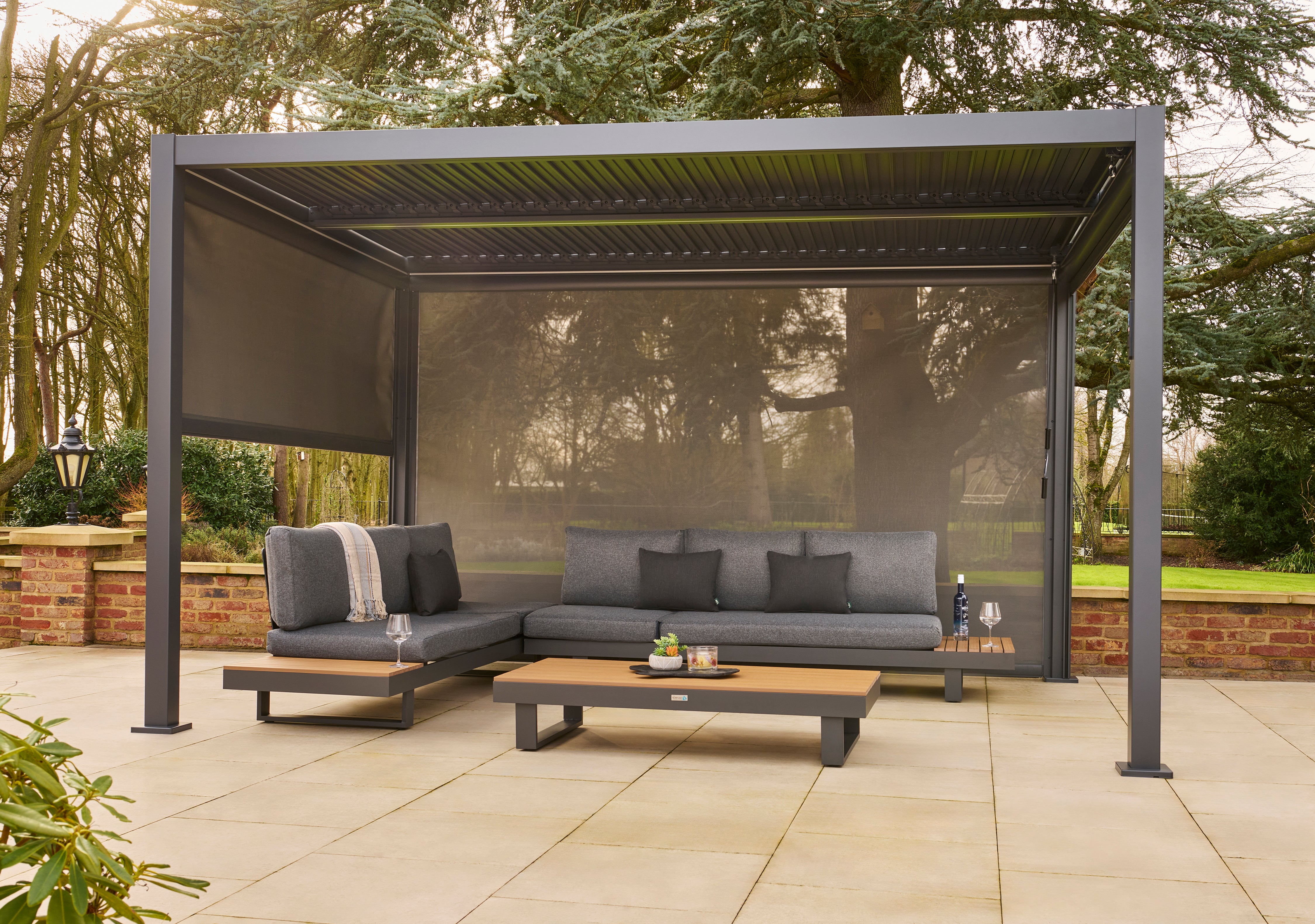 Nexus 3x3m or 4x3m Grey Pergola with Solar LED Lights & 3 Pull Down Screens