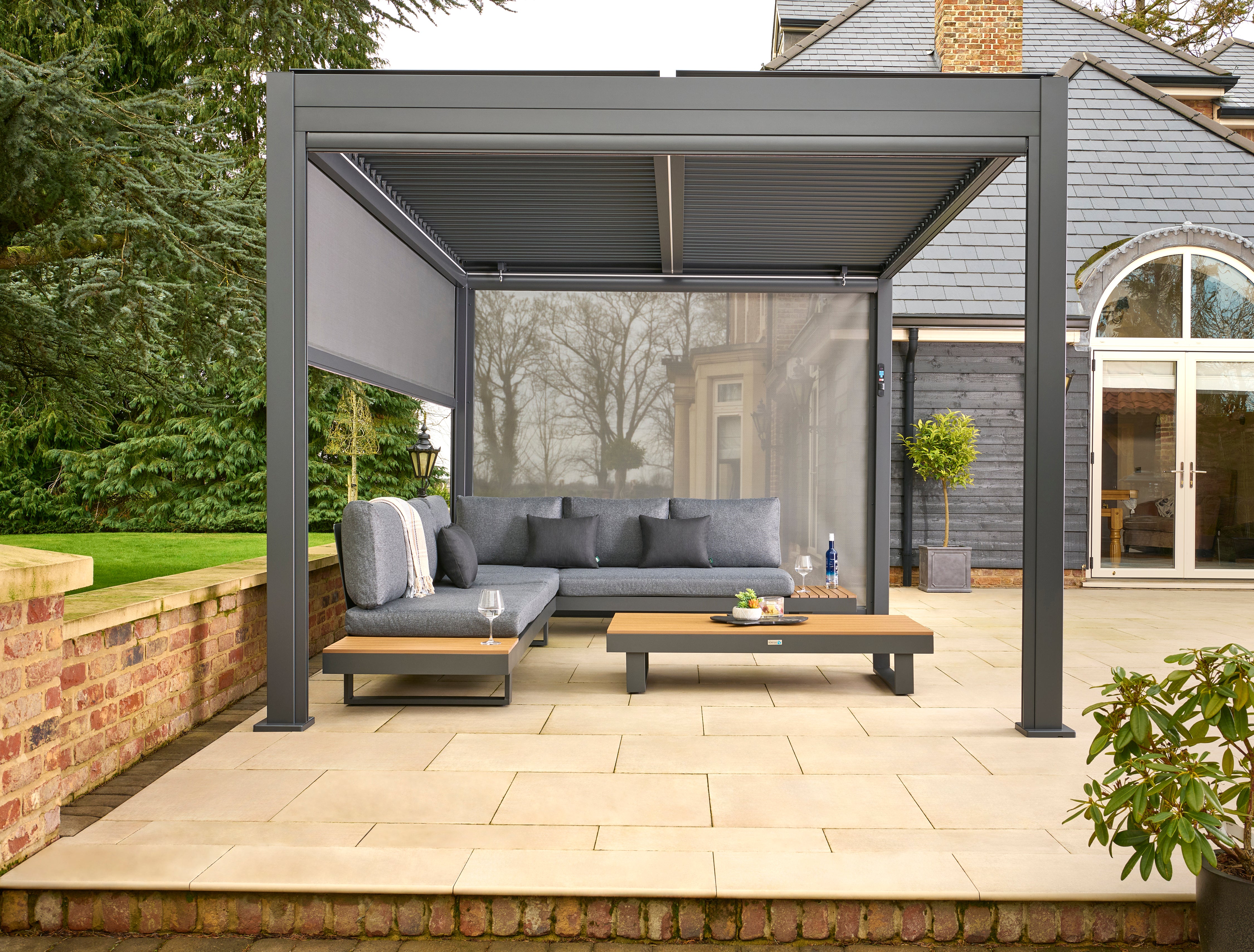 Nexus 3x3m or 4x3m Grey Pergola with Solar LED Lights & 3 Pull Down Screens