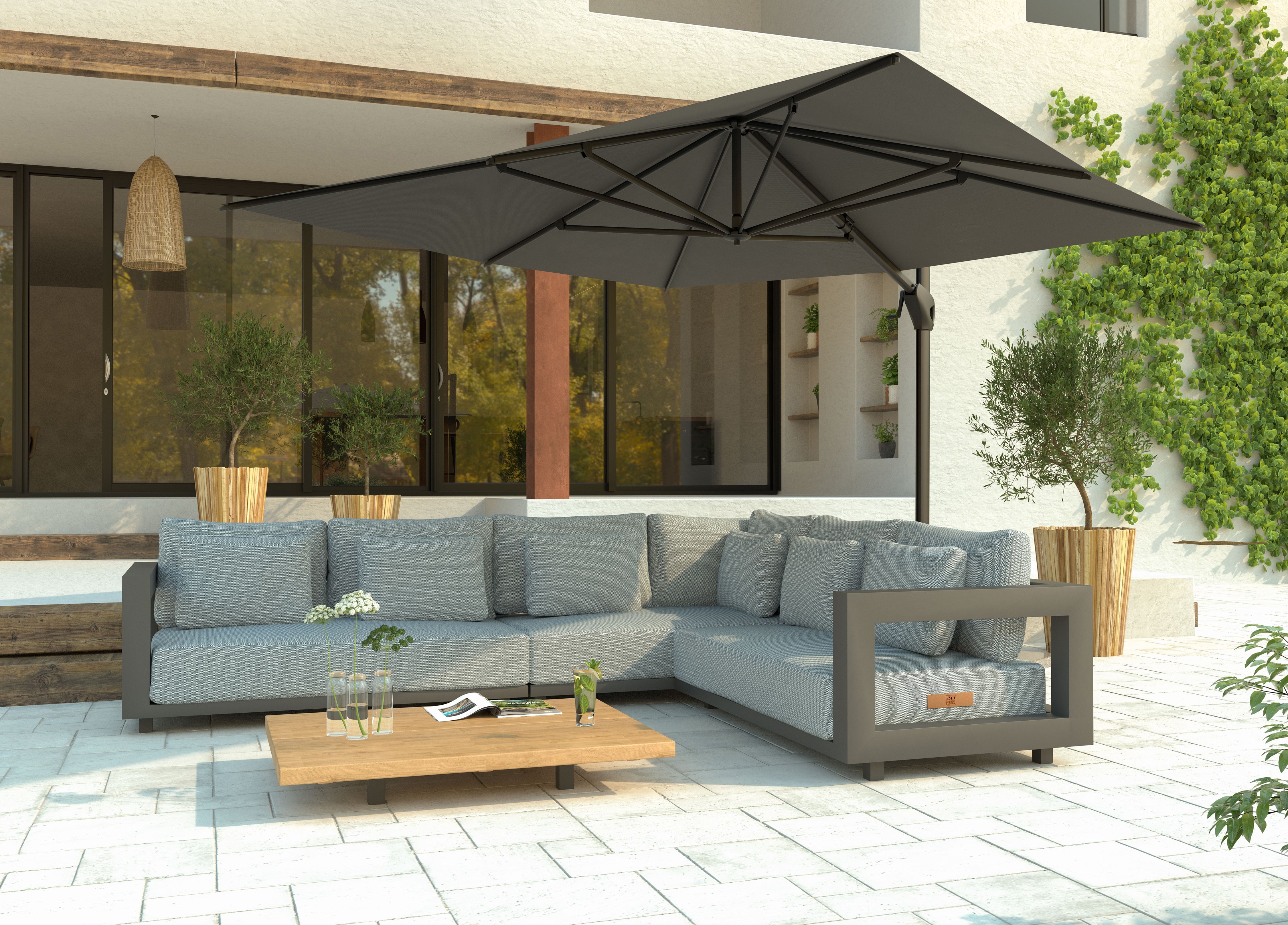 4 Seasons Outdoor Hacienda 4m x 3m Parasol in Charcoal with Cross Frame and Wheels