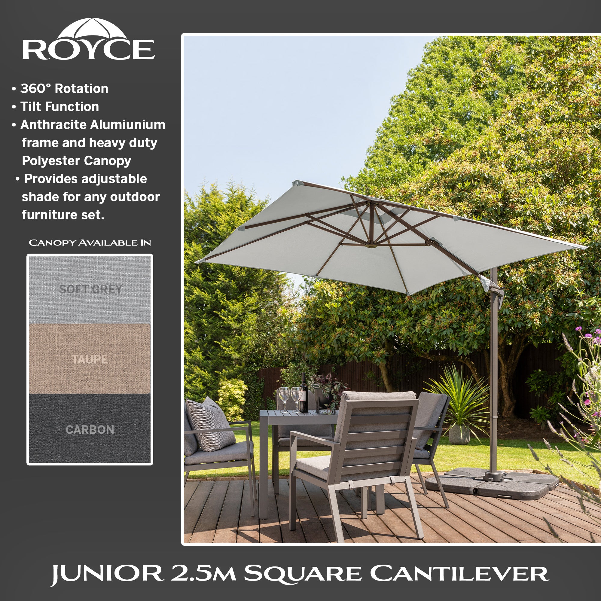 Norfolk Royce Junior 2.5m Square Cantilever Parasol with Free Cover