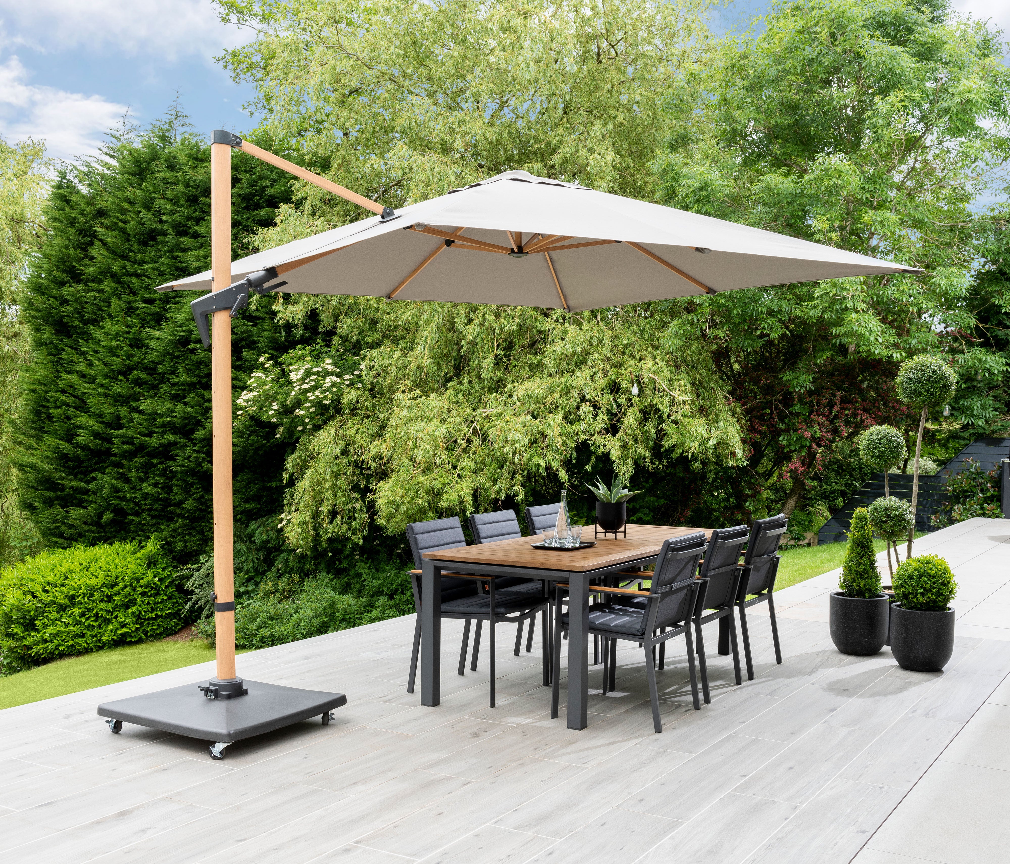 3m Square Royce Executive Canti-lever Parasol - Soft Grey - Wood Effect - Free Cover