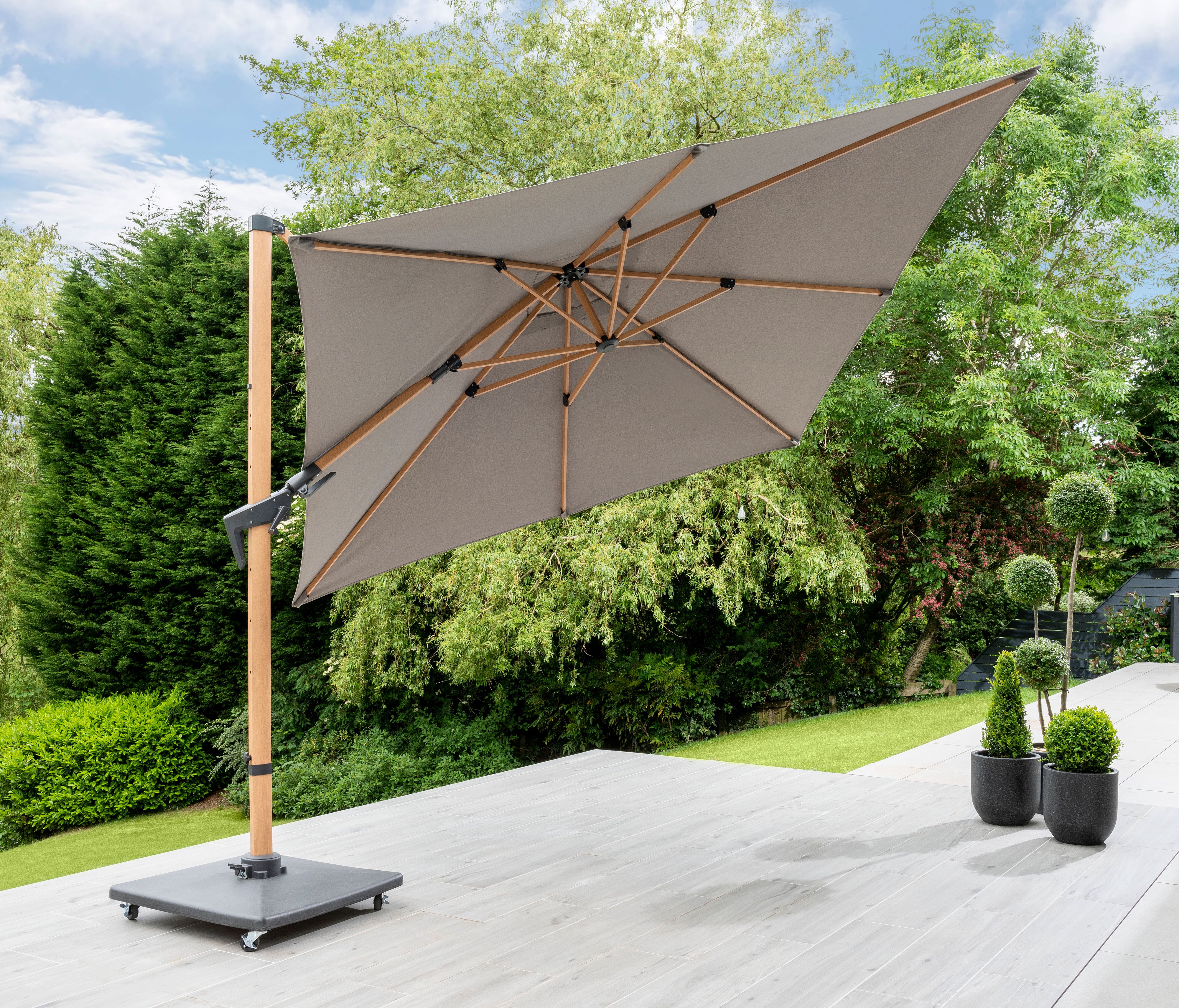 3m Square Royce Executive Canti-lever Parasol - Soft Grey - Wood Effect - Free Cover