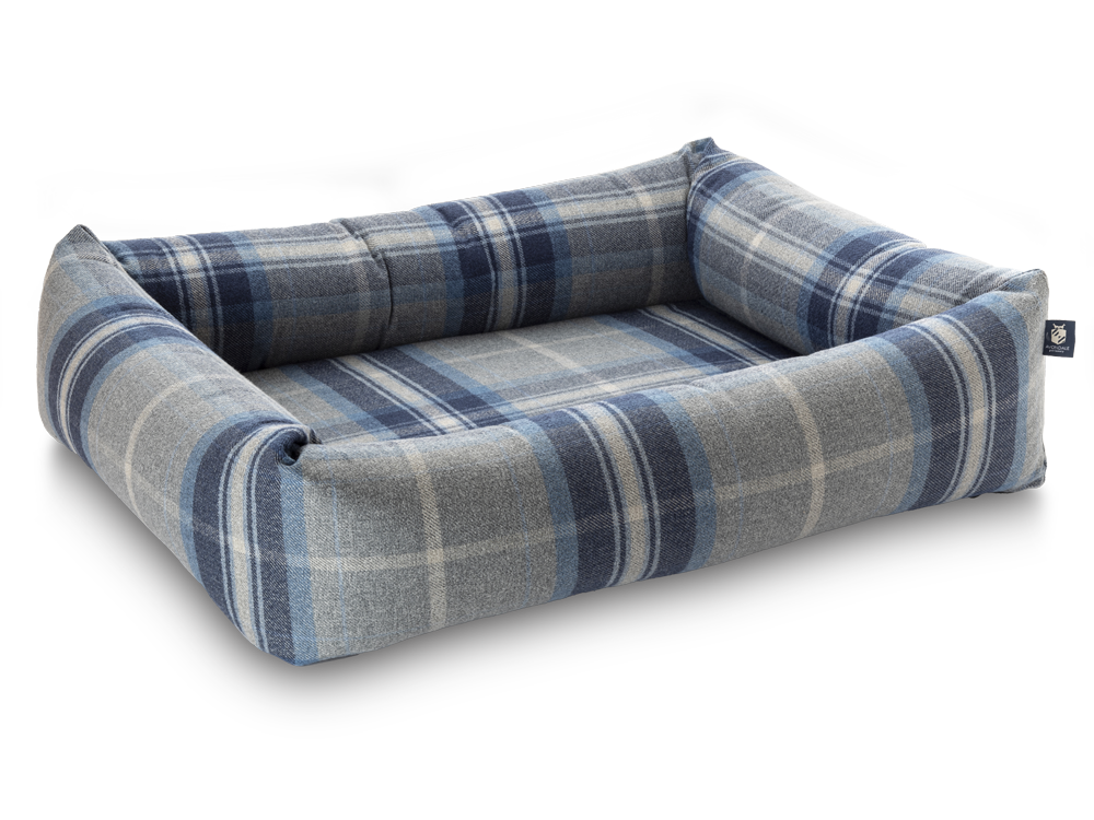 Pet Luxury Bolster Rectangular Dog Bed 3 Sizes in our Avondale in Signature Tartan: Blue-Grey-Navy