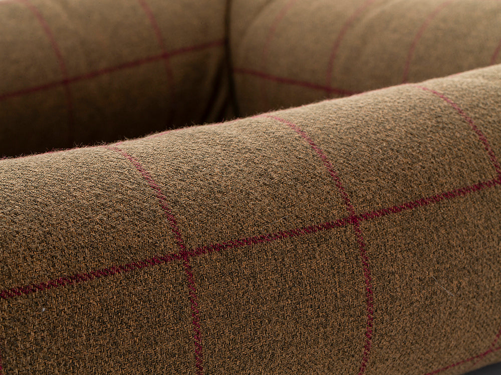 Pet Luxury Bolster Rectangular Dog Bed 3 Sizes in our Avondale in Classic Check: Brown-Burgundy