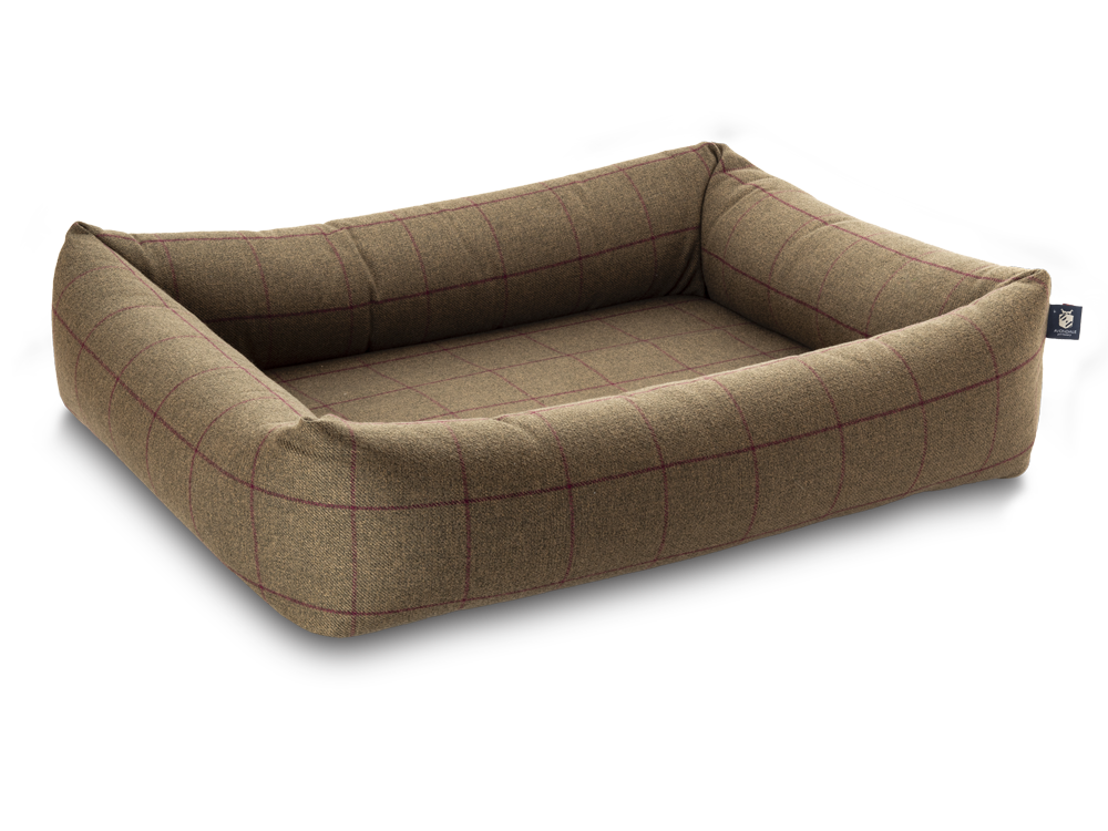 Pet Luxury Bolster Rectangular Dog Bed 3 Sizes in our Avondale in Classic Check: Brown-Burgundy
