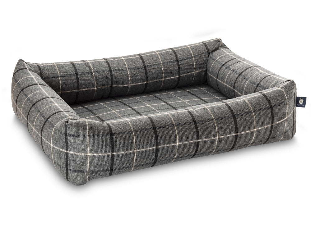 Pet Luxury Bolster Rectangular Dog Bed 3 Sizes in our Avondale in Signature Tartan: Charcoal-Black-Taupe