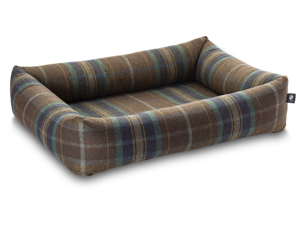 Pet Luxury Bolster Rectangular Dog Bed 3 Sizes in our Avondale in Signature Tartan: Olive-Heather-Chestnut