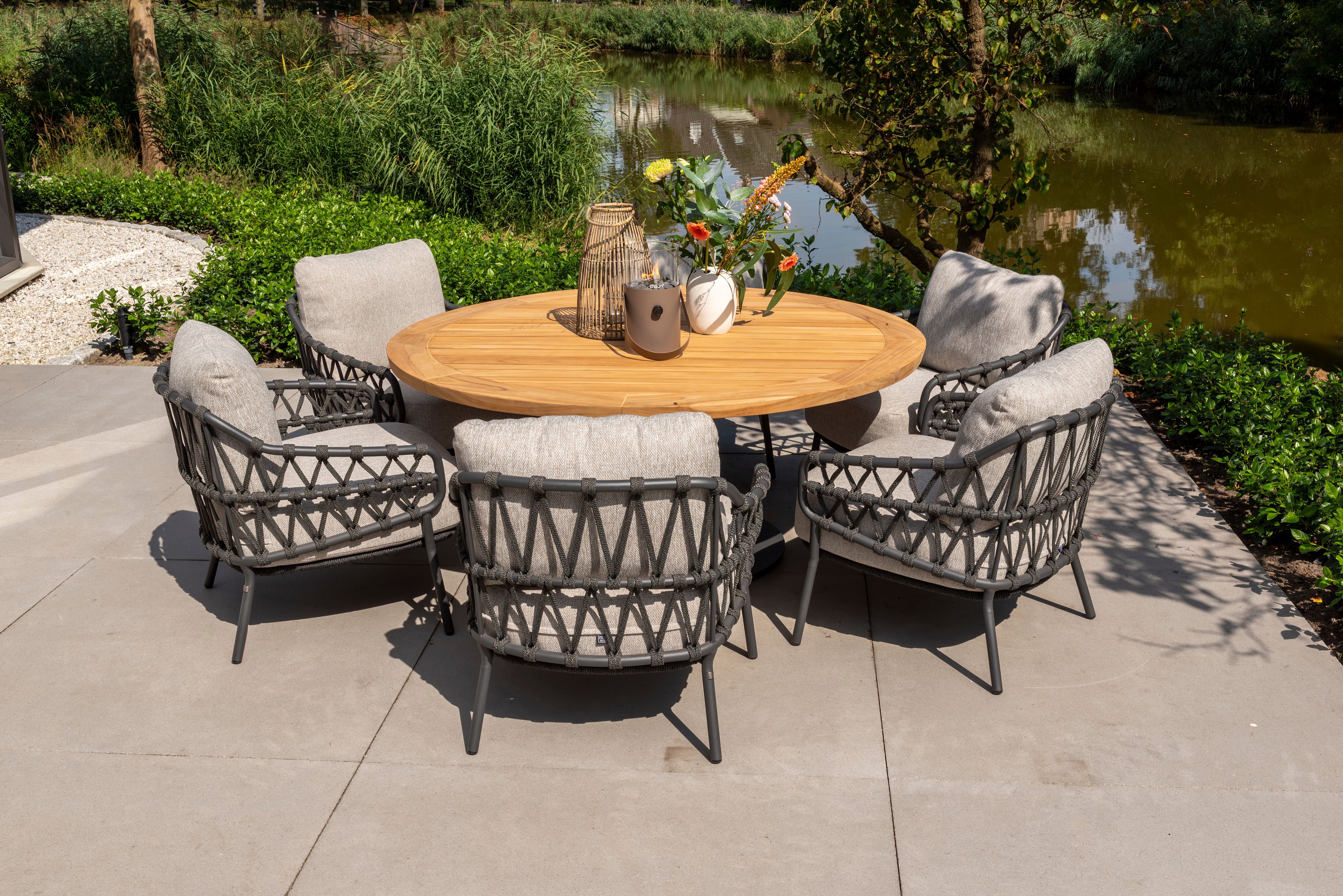 4 Seasons Outdoor Calpi Low Six Seater Dining Set with Saba 160cm Low Round Dining Table - Rope Design