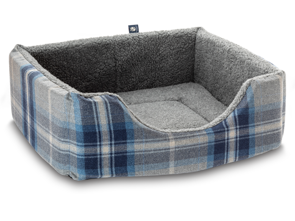 Pet Luxury Haven Square Dog Bed 5 Sizes in our Avondale in Signature Tartan: Blue-Grey-Navy