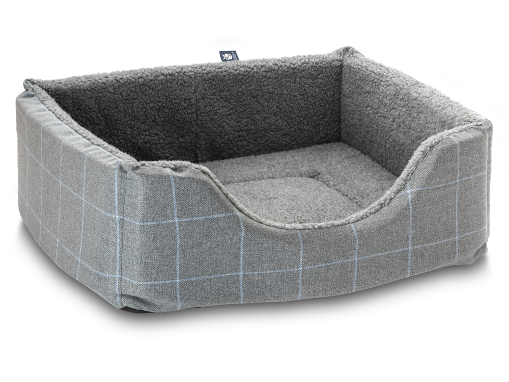 Pet Luxury Haven Square Dog Bed 5 Sizes in our Avondale in Classic Check: Blue-Grey