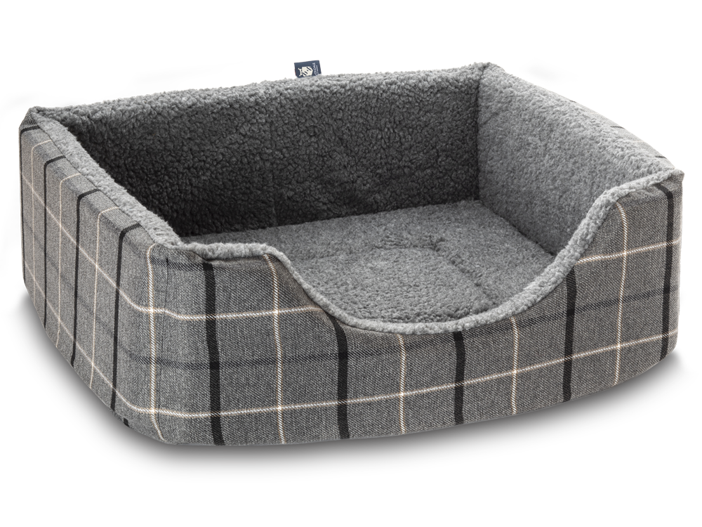 Pet Luxury Haven Square Dog Bed 5 Sizes in our Avondale in Signature Tartan: Charcoal-Black-Taupe