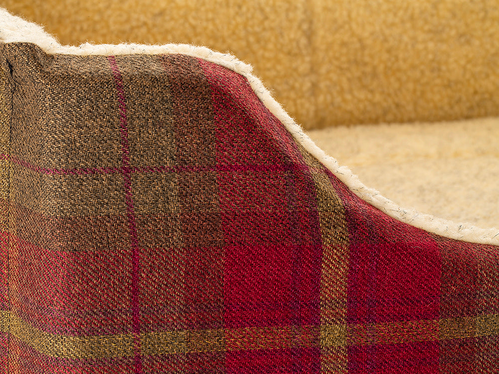 Pet Luxury Haven Square Dog Bed 5 Sizes in our Avondale in Signature Tartan: Brown-Burgundy-Rust