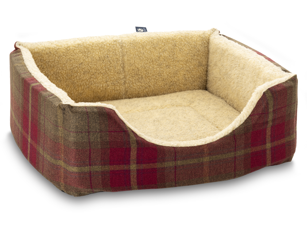 Pet Luxury Haven Square Dog Bed 5 Sizes in our Avondale in Signature Tartan: Brown-Burgundy-Rust