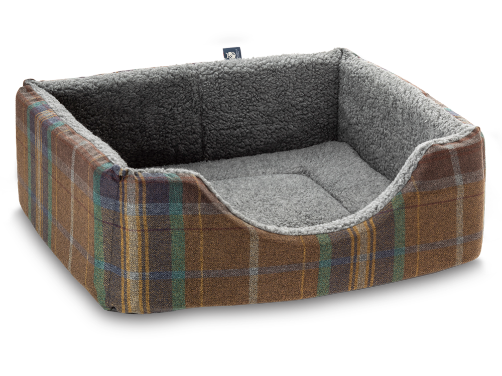 Pet Luxury Haven Square Dog Bed 5 Sizes in our Avondale in Signature Tartan: Olive-Heather-Chestnut