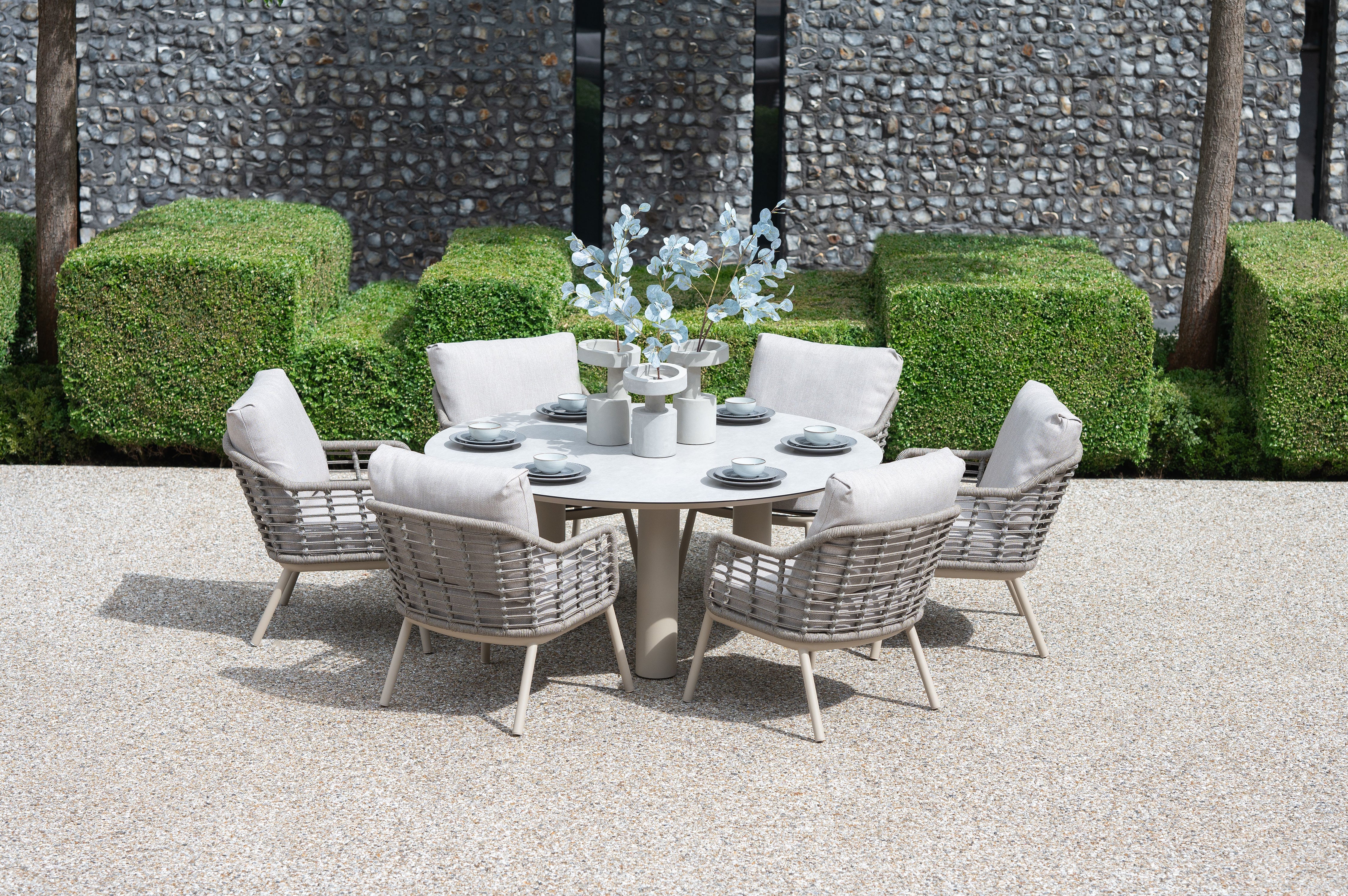 4 Seasons Outdoor Puglia Low Six Seater Round Dining with Cushions - Rope Design
