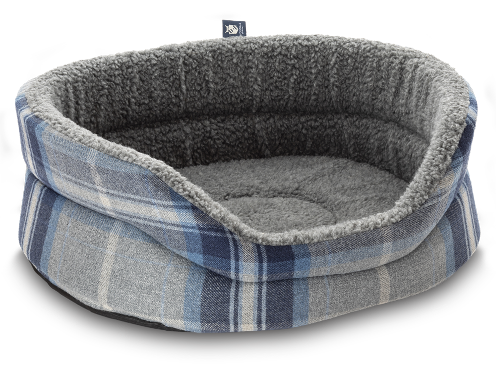 Snug Fleece Lined High Sided Oval Luxury Dog Bed 5 Sizes in Signature Tartan: Blue-Grey-Navy