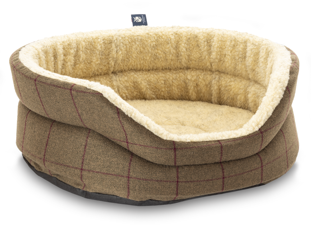 Pet Luxury Snug Oval Dog Bed 6 Sizes in our Avondale Signature Tartan Olive-Heather-Chestnut