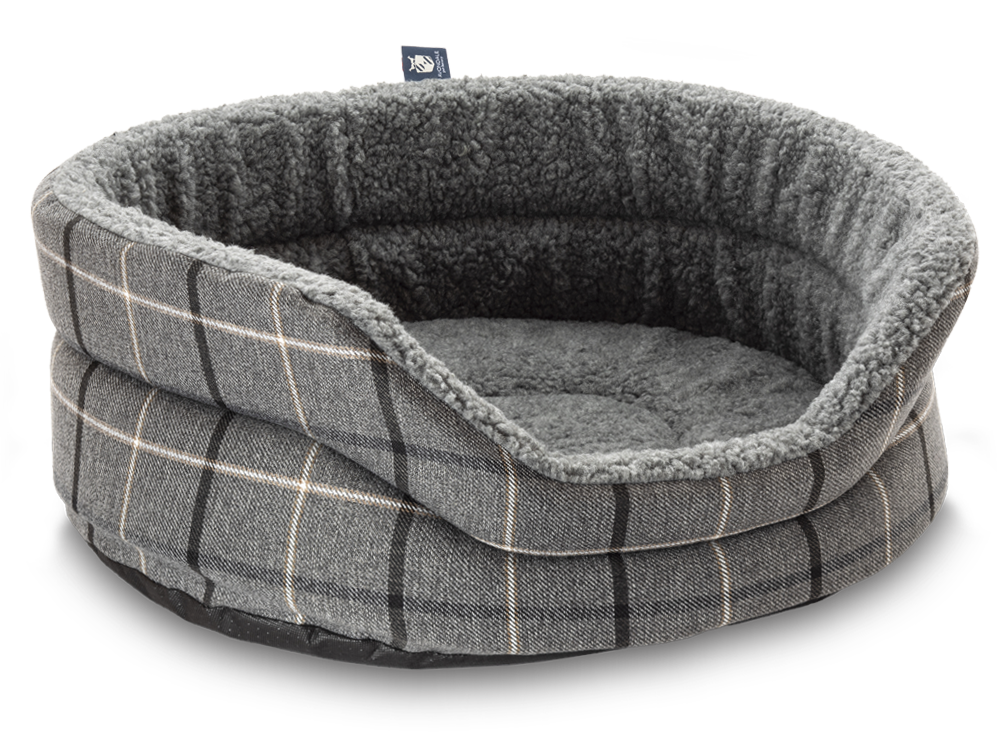 Pet Luxury Snug Oval Dog Bed 6 Sizes in our Avondale Signature Tartan Charcoal-Black-Taupe