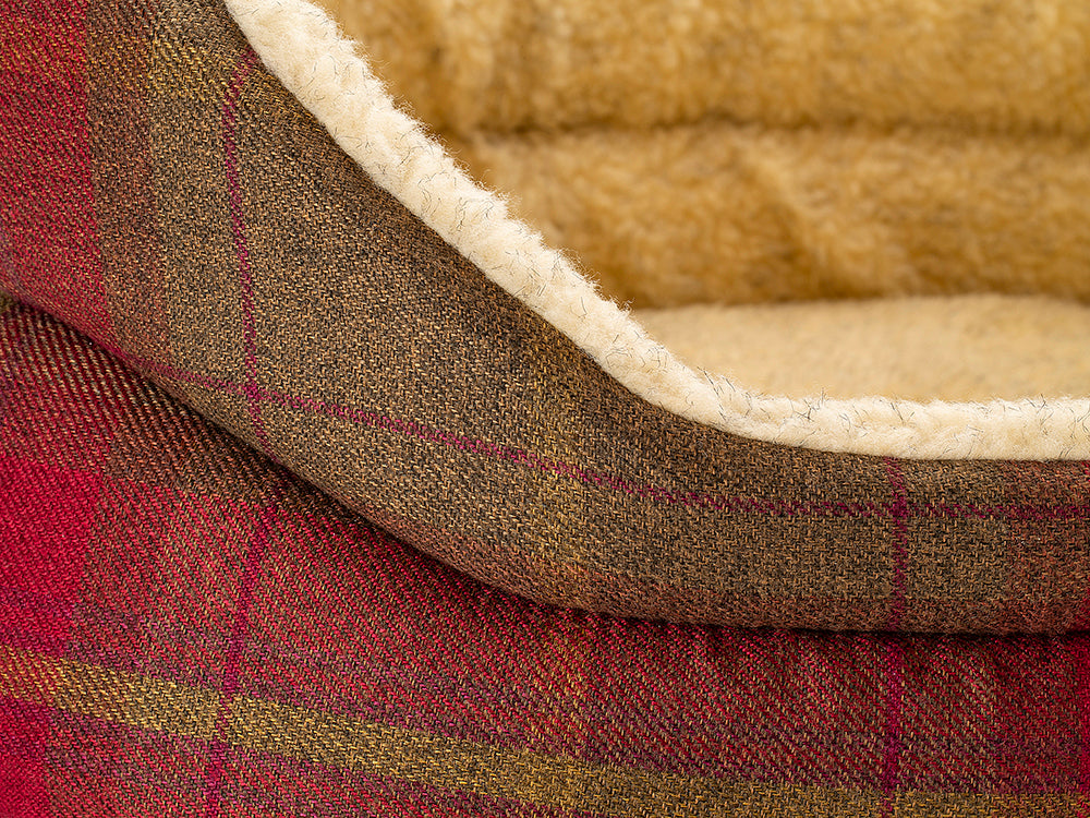 Pet Luxury Snug Oval Dog Bed 6 Sizes in our Avondale Signature Tartan Brown-Burgundy-Rust