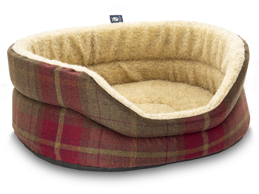 Pet Luxury Snug Oval Dog Bed 6 Sizes in our Avondale Signature Tartan Brown-Burgundy-RustPet Luxury Snug Oval Dog Bed 6 Sizes in our Avondale Signature Tartan Brown-Burgundy-Rust