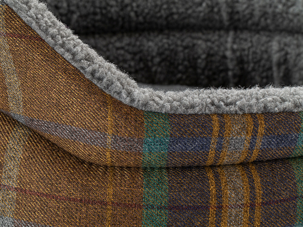 Pet Luxury Snug Oval Dog Bed 6 Sizes in our Avondale Signature Tartan Olive-Heather-Chestnut