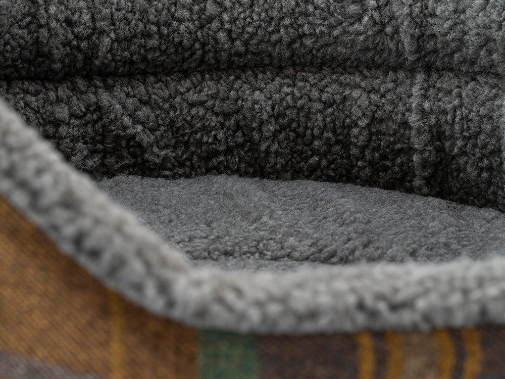 Pet Luxury Snug Oval Dog Bed 6 Sizes in our Avondale Signature Tartan Olive-Heather-Chestnut