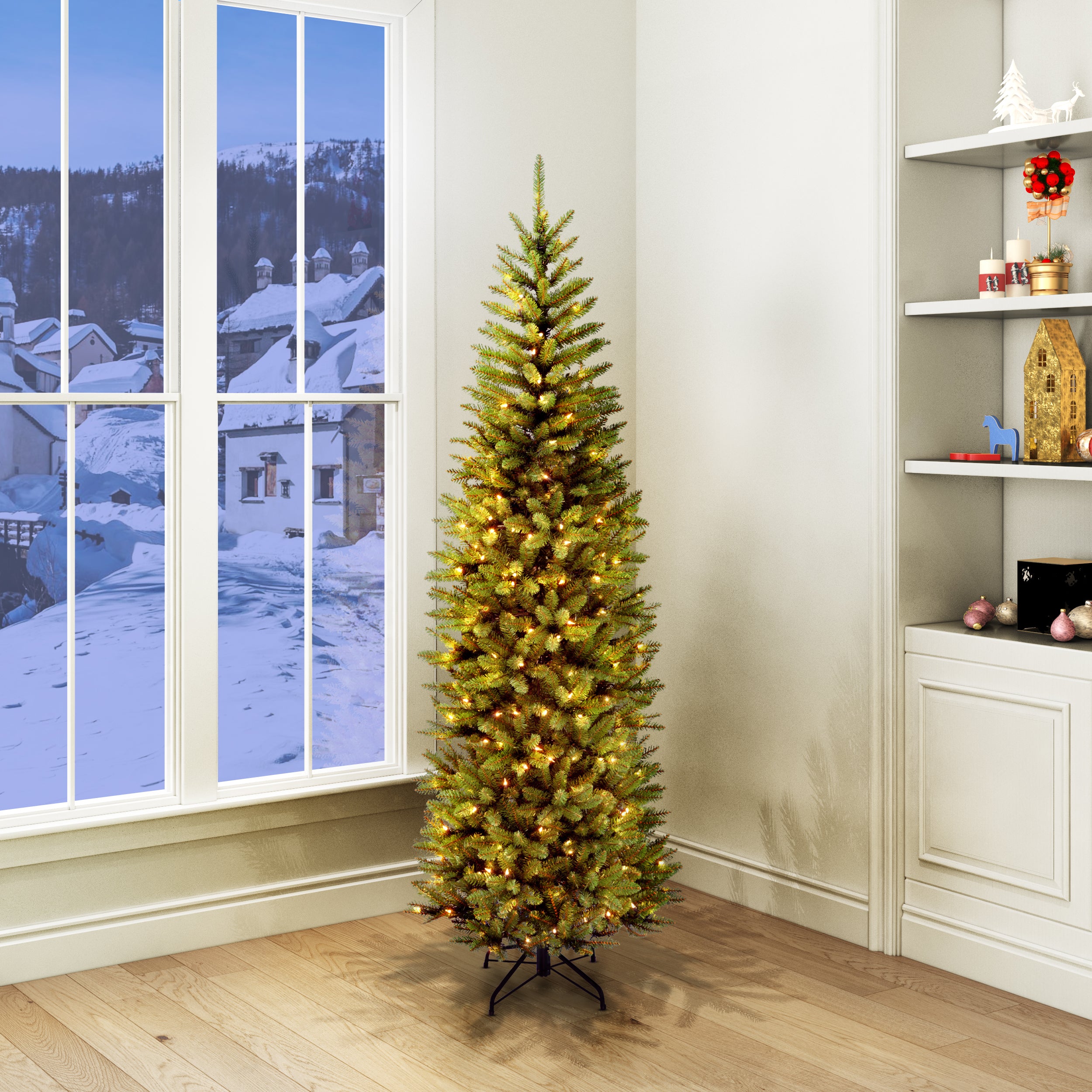 National Tree Pre-Lit 7.5ft Kingswood Fir Feel-Real Pencil Artificial Christmas Tree