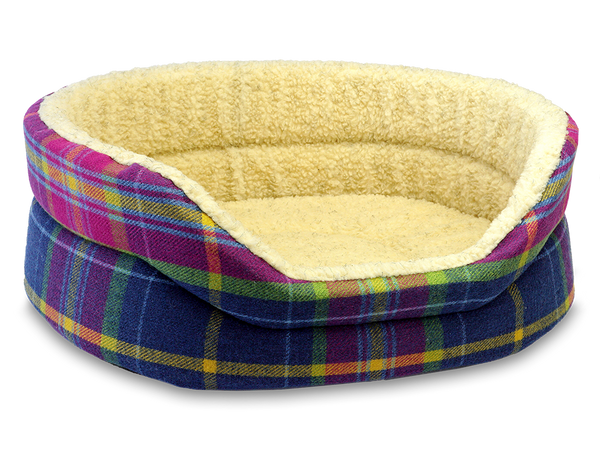 Pet Luxury Snug Oval Dog Bed Extra Small in Avondale Shiba Plaid - Cheerful Pink with Yellow and Green