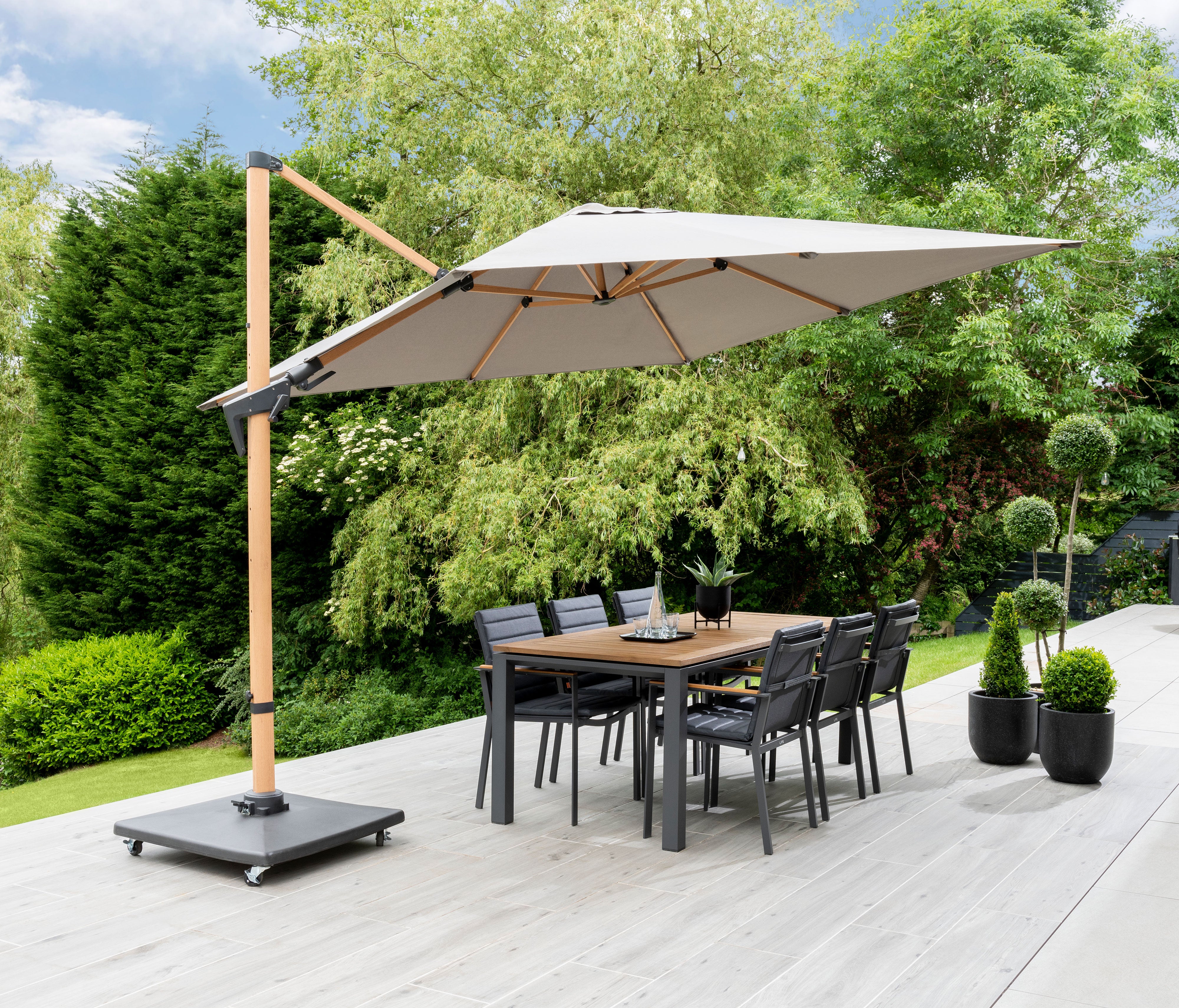3m Square Royce Executive Canti-lever Parasol - Grey - Wood Effect - Free Cover