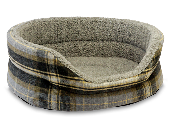 Snug Fleece Lined High Sided Oval Luxury Dog Bed 5 Sizes in Avondale Beagle Plaid - Calming Grey and Soft Yellow