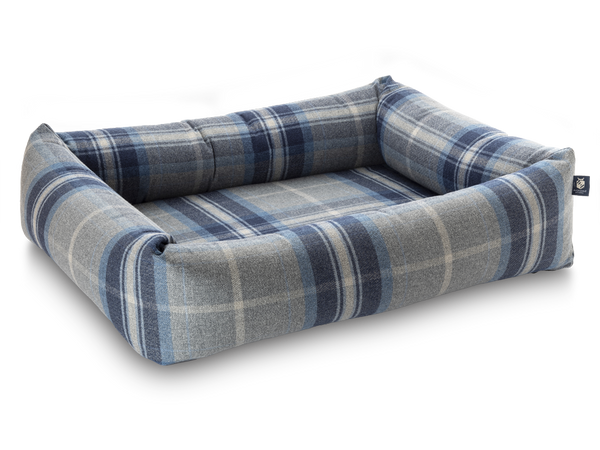 Pet Luxury Bolster Rectangular Dog Bed 3 Sizes in our Avondale in Signature Tartan: Blue-Grey-Navy