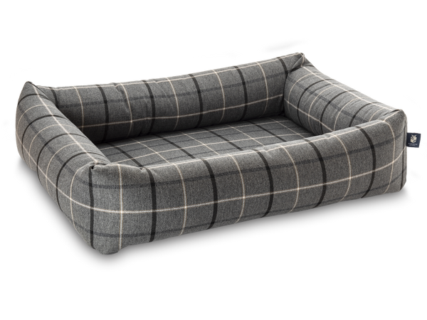 Pet Luxury Bolster Rectangular Dog Bed 3 Sizes in our Avondale in Signature Tartan: Charcoal-Black-Taupe