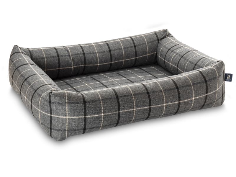 Pet Luxury Bolster Rectangular Dog Bed 3 Sizes in our Avondale in Signature Tartan: Charcoal-Black-Taupe