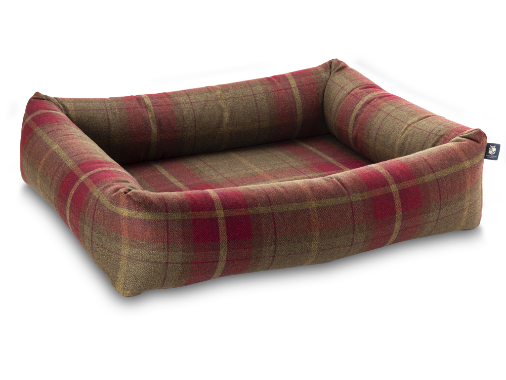 Pet Luxury Bolster Rectangular Dog Bed 3 Sizes in our Avondale in Signature Tartan: Brown-Burgundy-Rust