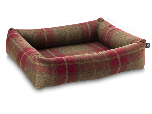 Pet Luxury Bolster Rectangular Dog Bed 3 Sizes in our Avondale in Signature Tartan: Brown-Burgundy-Rust