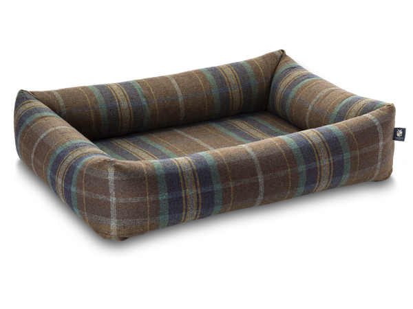 Pet Luxury Bolster Rectangular Dog Bed 3 Sizes in our Avondale in Signature Tartan: Olive-Heather-Chestnut