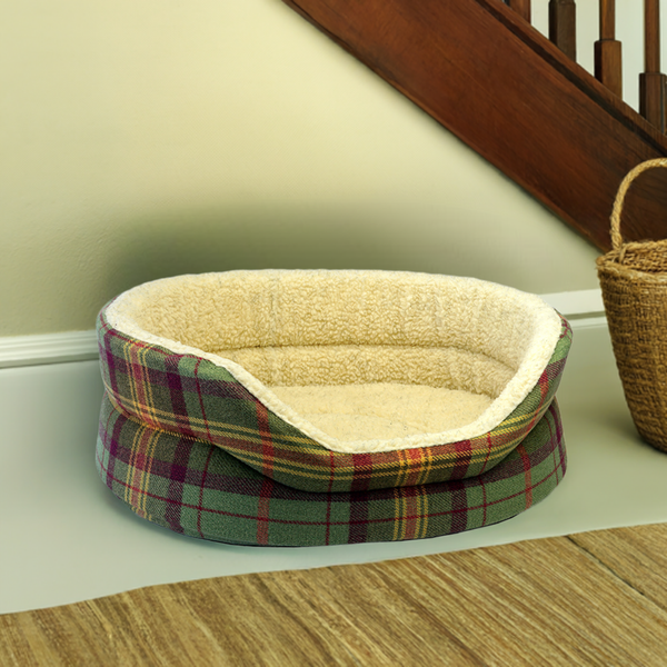 Snug Fleece Lined High Sided Oval Luxury Dog Bed 5 Sizes in Brittany Plaid - Earthy Green and Red
