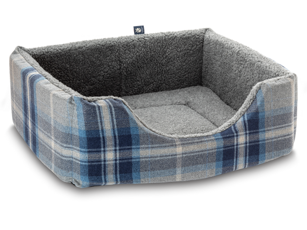 Pet Luxury Haven Square Dog Bed 5 Sizes in our Avondale in Signature Tartan: Blue-Grey-Navy