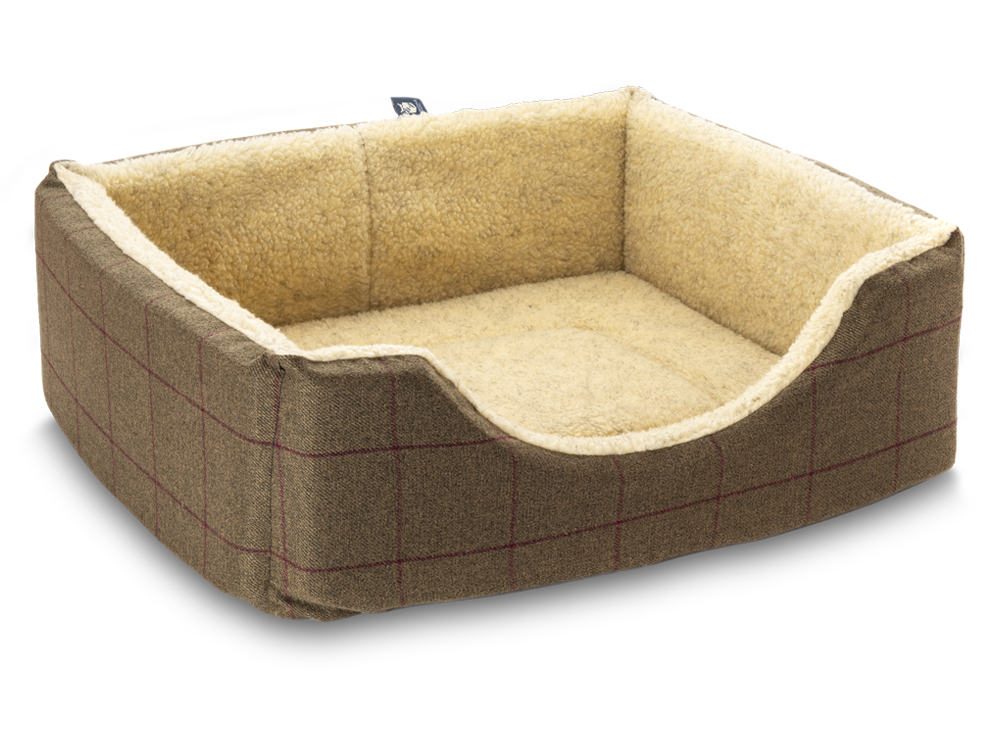 Pet Luxury Haven Square Dog Bed 5 Sizes in our Avondale in Classic Check: Brown-Burgundy