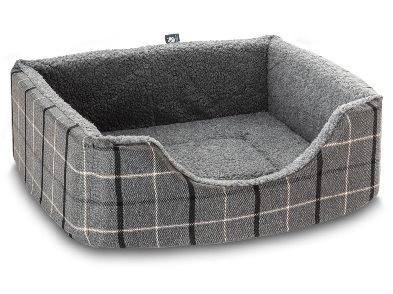 Pet Luxury Haven Square Dog Bed 5 Sizes in our Avondale in Signature Tartan: Charcoal-Black-Taupe