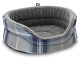 Snug Fleece Lined High Sided Oval Luxury Dog Bed 5 Sizes in Signature Tartan Blue-Grey-Navy