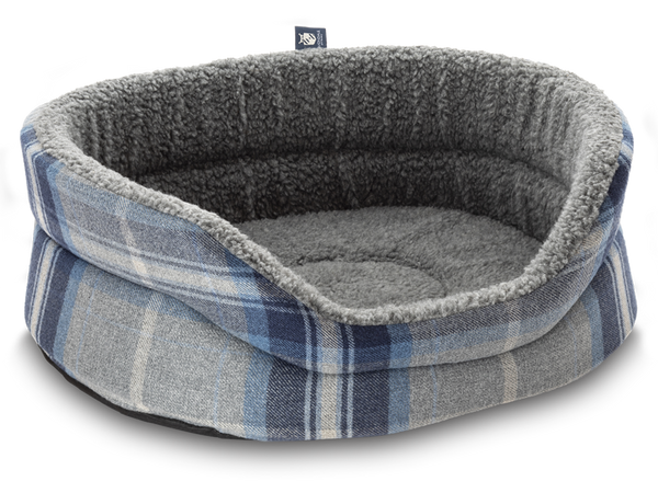 Pet Luxury Snug Fleece Lined Oval Dog Bed 6 Sizes in our Avondale Signature Tartan Blue-Grey-Navy