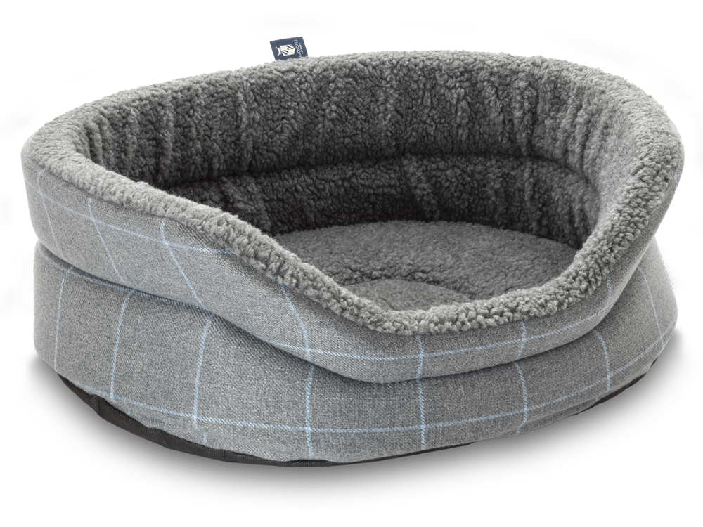 Pet Luxury Snug Oval Dog Bed 6 Sizes in our Avondale in Classic Check: Blue-Grey