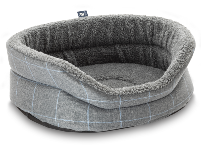 Pet Luxury Snug Oval Dog Bed 6 Sizes in our Avondale in Classic Check: Blue-Grey